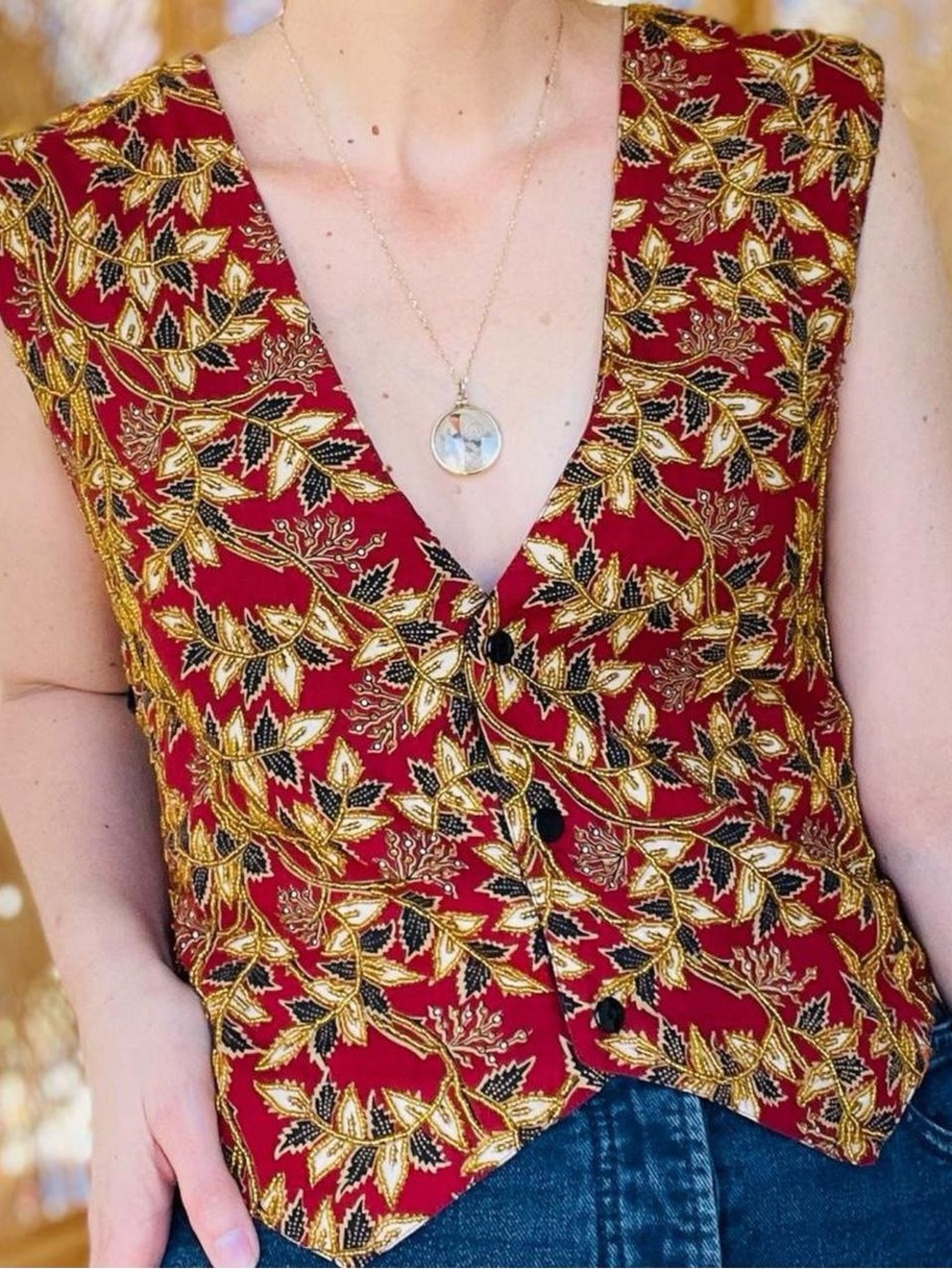 Vintage Ellen Ashley Burgundy & Gold Beaded Embroidered Leaves Black Back Vest